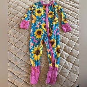 Little Sleepies Teal Yellow Sunflower Zippy Footie with Pink Trim